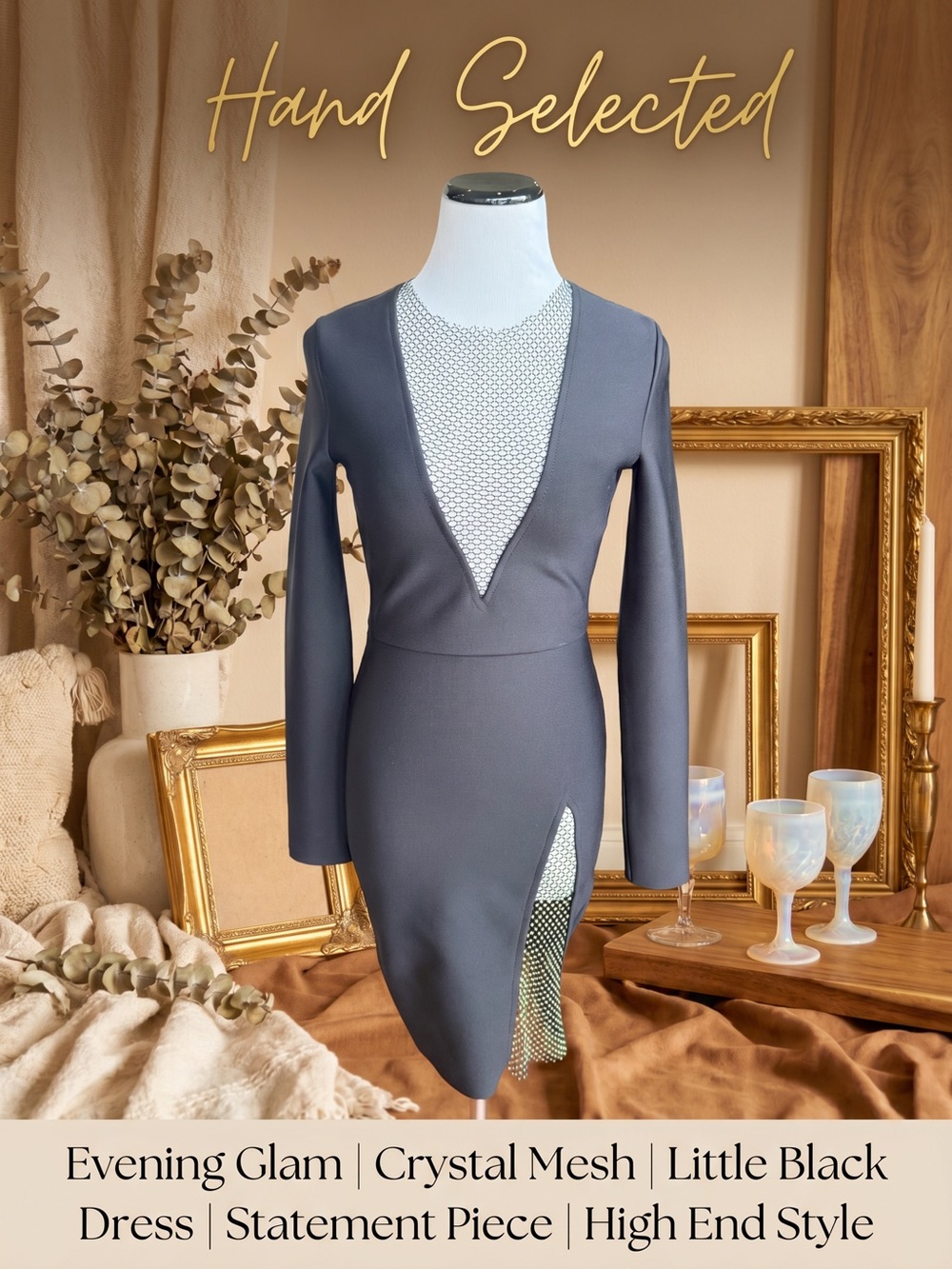 Bella Barnett Black Crystal Rhinestone Mesh V-Plunge Long Sleeve Mini Dress SM